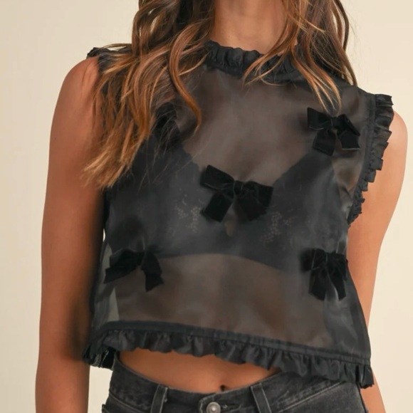 Mable Tops - Mable Black Sheer Bow-Accent Top